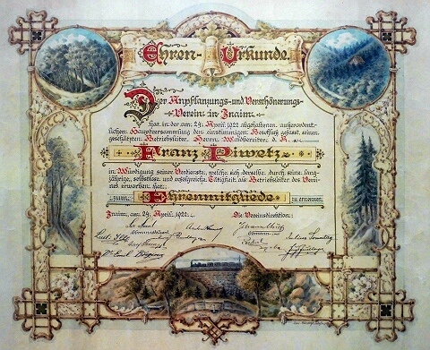 diplom čestného člšnství ZOS  - F. Piwetz