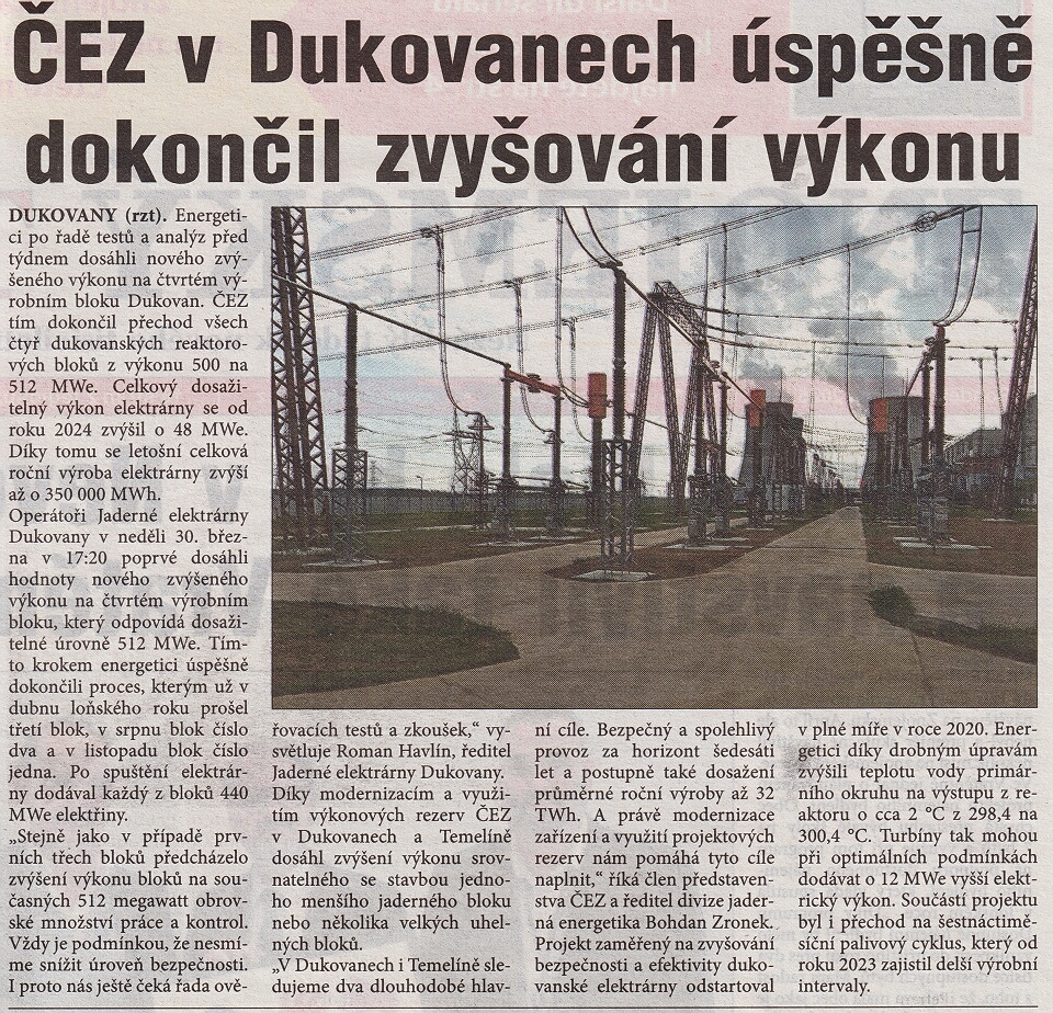 Dukovany - zýšení výkonu